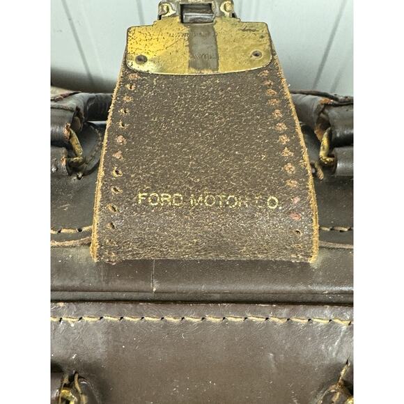Ford Motor Co Old Brown Leather Suitcase- Many Flaws But Beauty- App 11”H 16” L - Picture 8 of 13